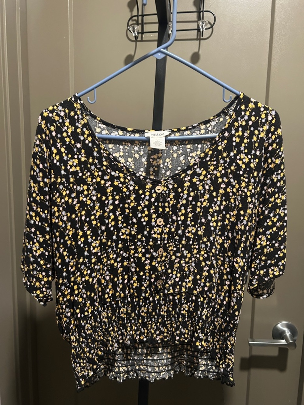 Persaya Black Floral Button-Front Blouse with Yellow & White Ditsy Print